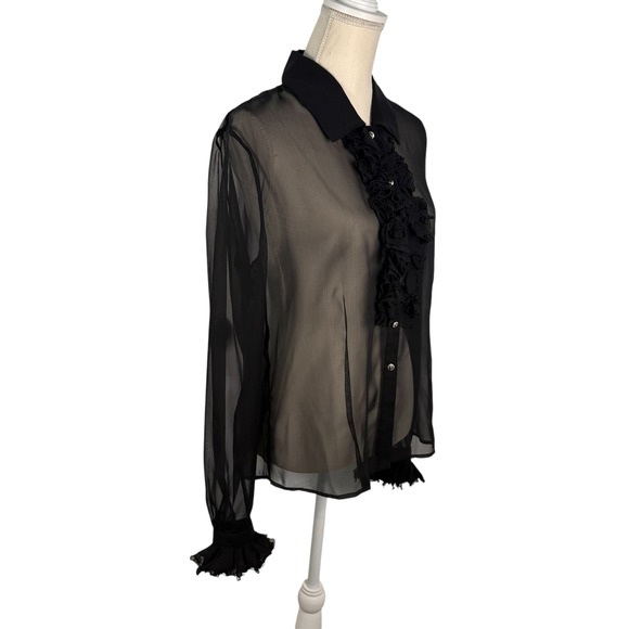 St John Womens Black Sheer Ruffle Front Button Up Blouse Size 10 Crystal Buttons - Picture 4 of 14